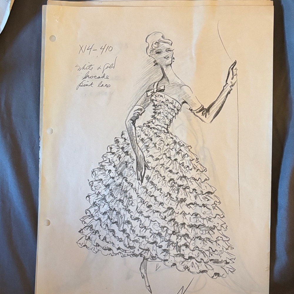 Vintage Fashion Illustration Ruffled Ball Gown Sketch by Dior